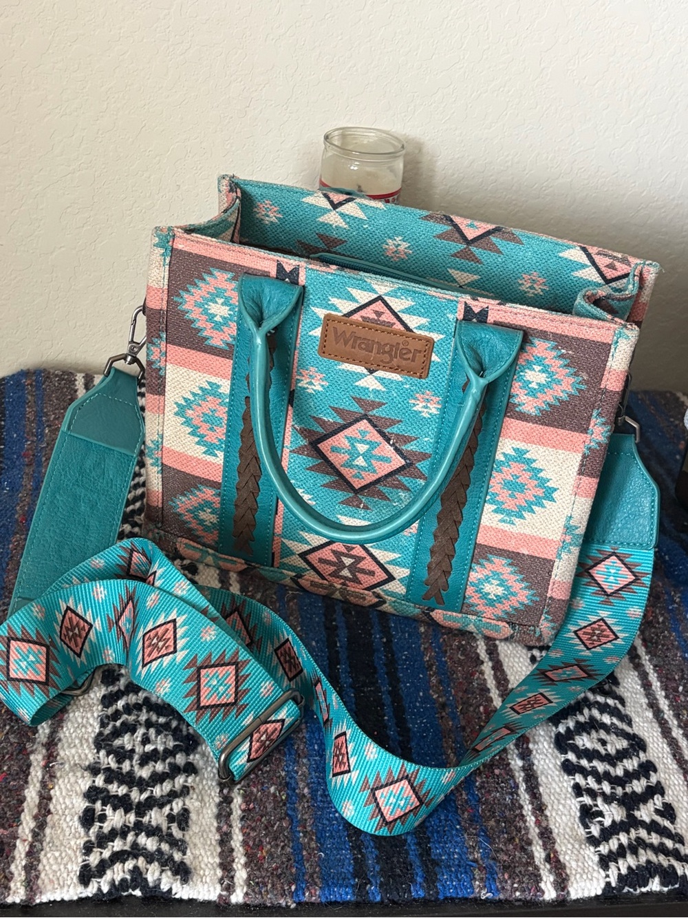 Wrangler Turquoise and Pink Aztec Tote with Patterned Strap